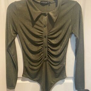 PrettyLittleThing Olive Green Ruched Thong Button Bodysuit